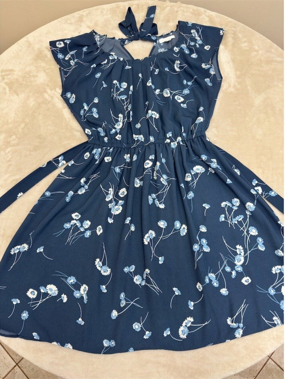 LC Lauren Conrad Dress Womens Size S Blue Floral Tie-Neck Fit & Flare